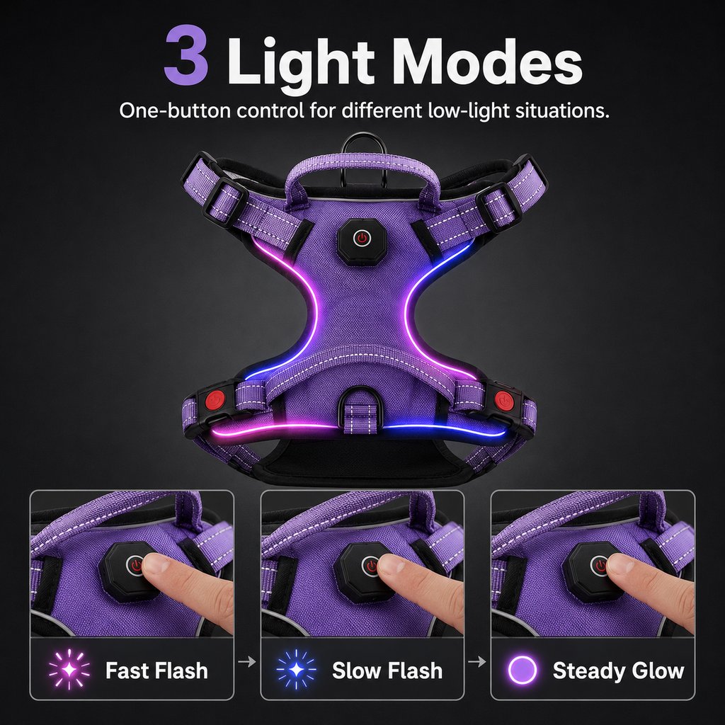 MirokenRechargeable LED Dog Harness for Night Walks - Back-Panel Glow & Reflective Webbing for Better Low-Light Visibility