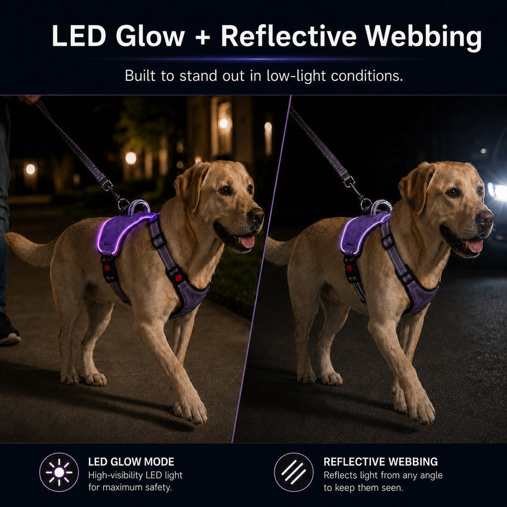 MirokenRechargeable LED Dog Harness for Night Walks - Back-Panel Glow & Reflective Webbing for Better Low-Light Visibility