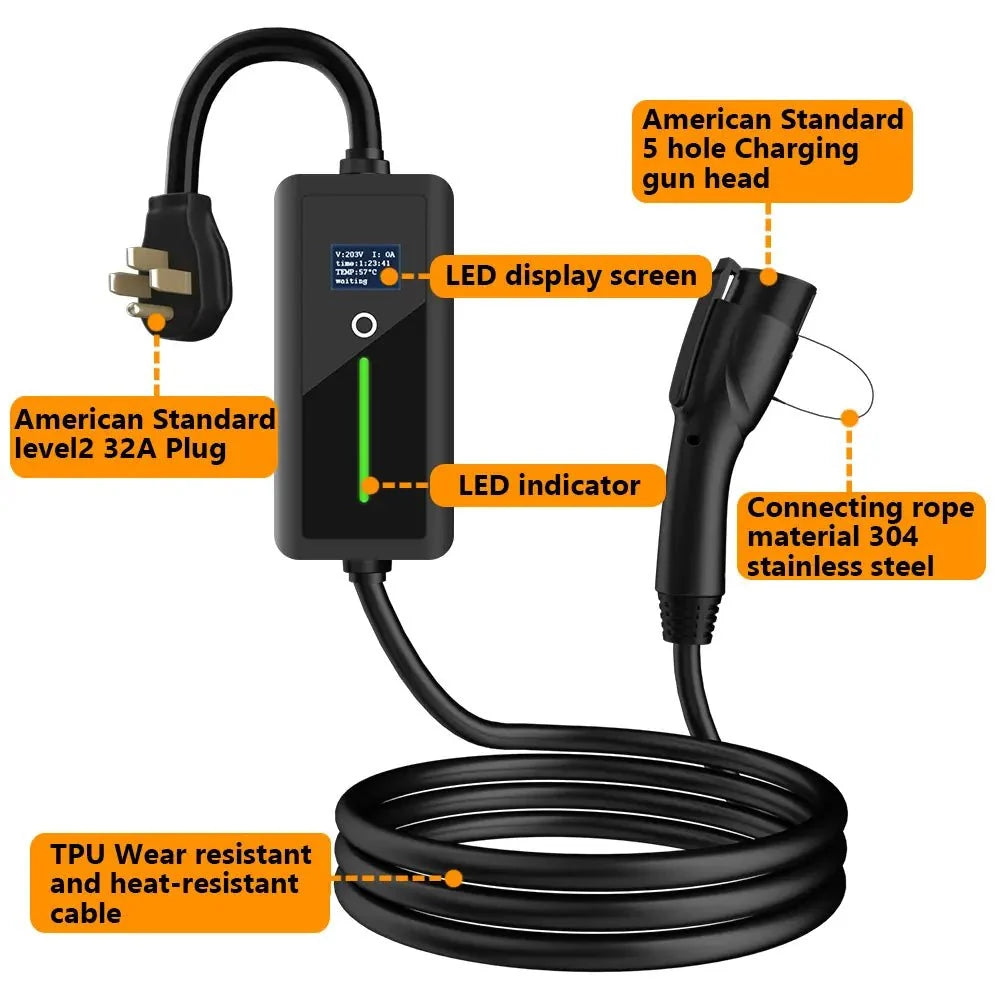 Level 2 J1772/NACS EV Charger for Home Portable EV Charger with Screen Display Adjustable Current