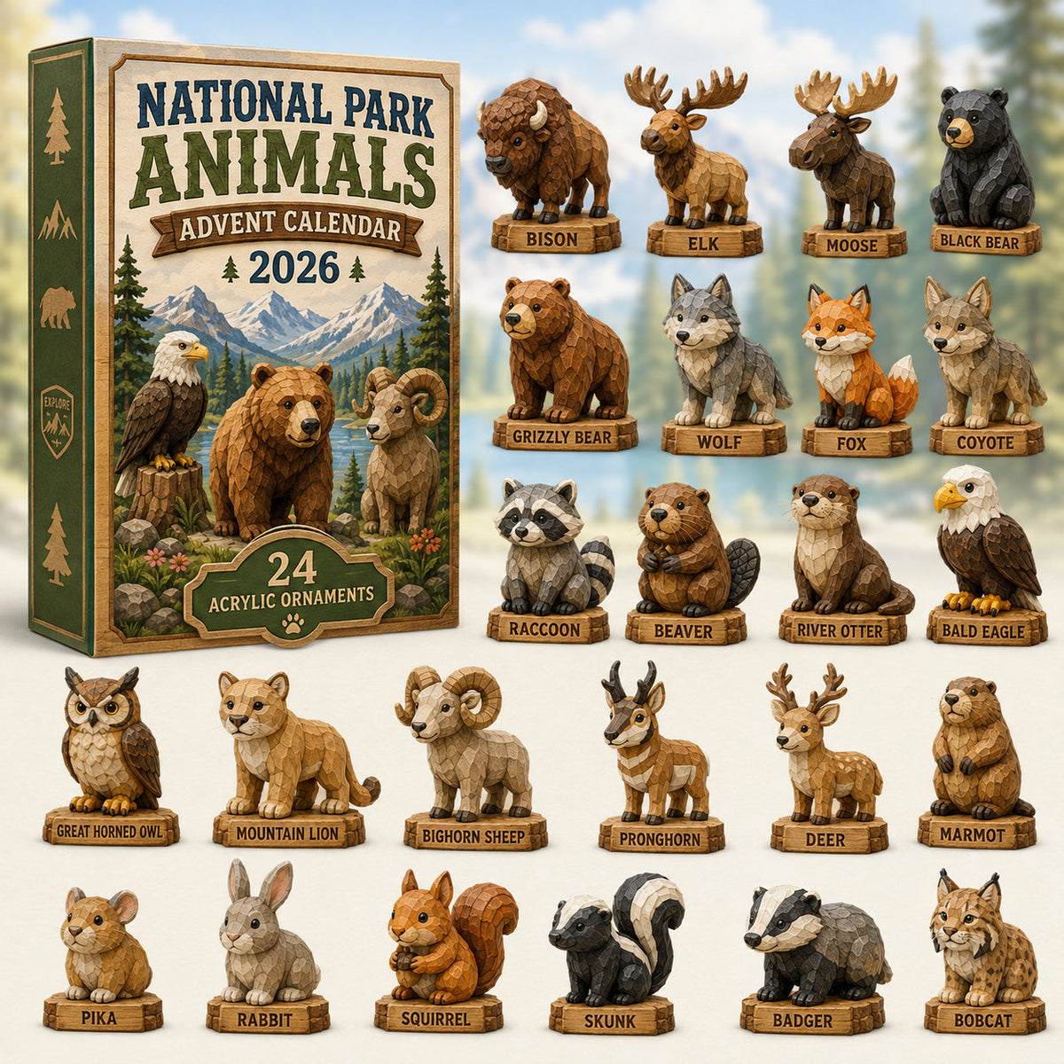 National Park Animals Advent Calendar 2026 - 24 Acrylic Animal Hangers