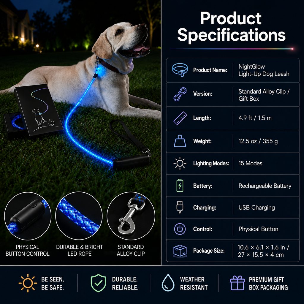 MirokenNightGlow LED Light-Up Dog Leash for Night Walks - USB Rechargeable Safety Leash That Helps Your Dog Stay Visible in the Dark