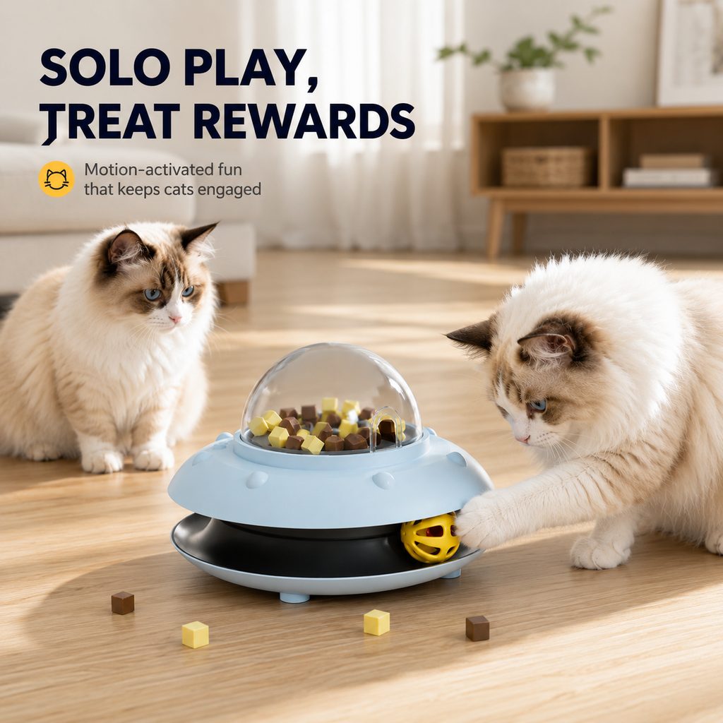 MirokenPawOrbit UFO Motion-Activated Cat Treat Dispenser Toy - Interactive Puzzle Feeder for Indoor Cats, Keeps Cats Busy While You Work