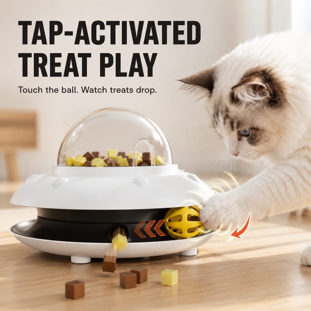 MirokenPawOrbit UFO Motion-Activated Cat Treat Dispenser Toy - Interactive Puzzle Feeder for Indoor Cats, Keeps Cats Busy While You Work