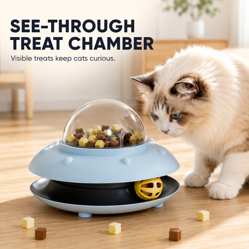 MirokenPawOrbit UFO Motion-Activated Cat Treat Dispenser Toy - Interactive Puzzle Feeder for Indoor Cats, Keeps Cats Busy While You Work