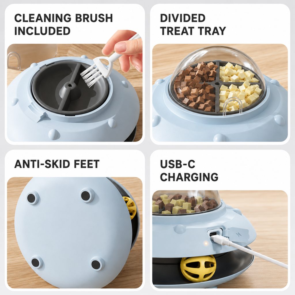 MirokenPawOrbit UFO Motion-Activated Cat Treat Dispenser Toy - Interactive Puzzle Feeder for Indoor Cats, Keeps Cats Busy While You Work