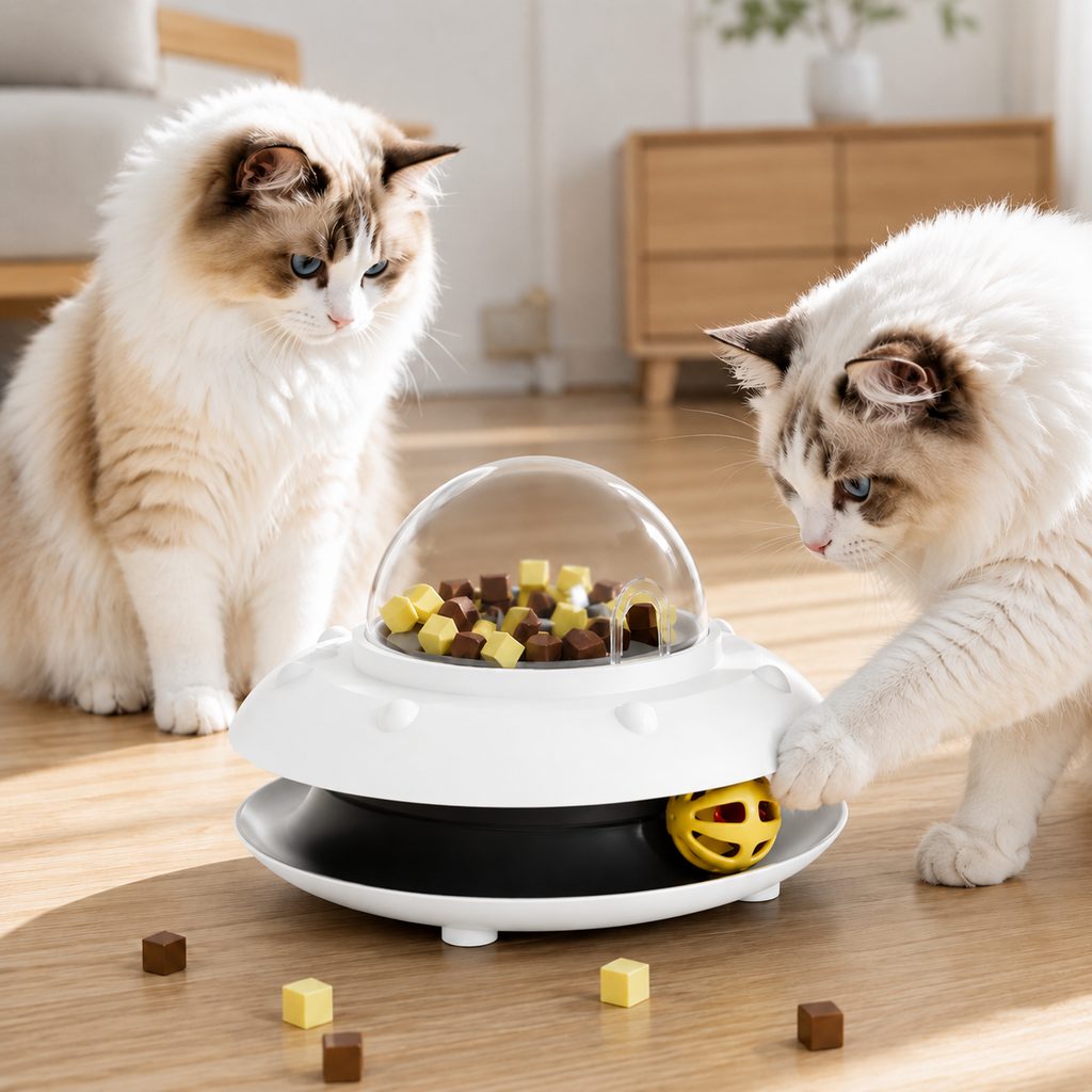 MirokenPawOrbit UFO Motion-Activated Cat Treat Dispenser Toy - Interactive Puzzle Feeder for Indoor Cats, Keeps Cats Busy While You Work