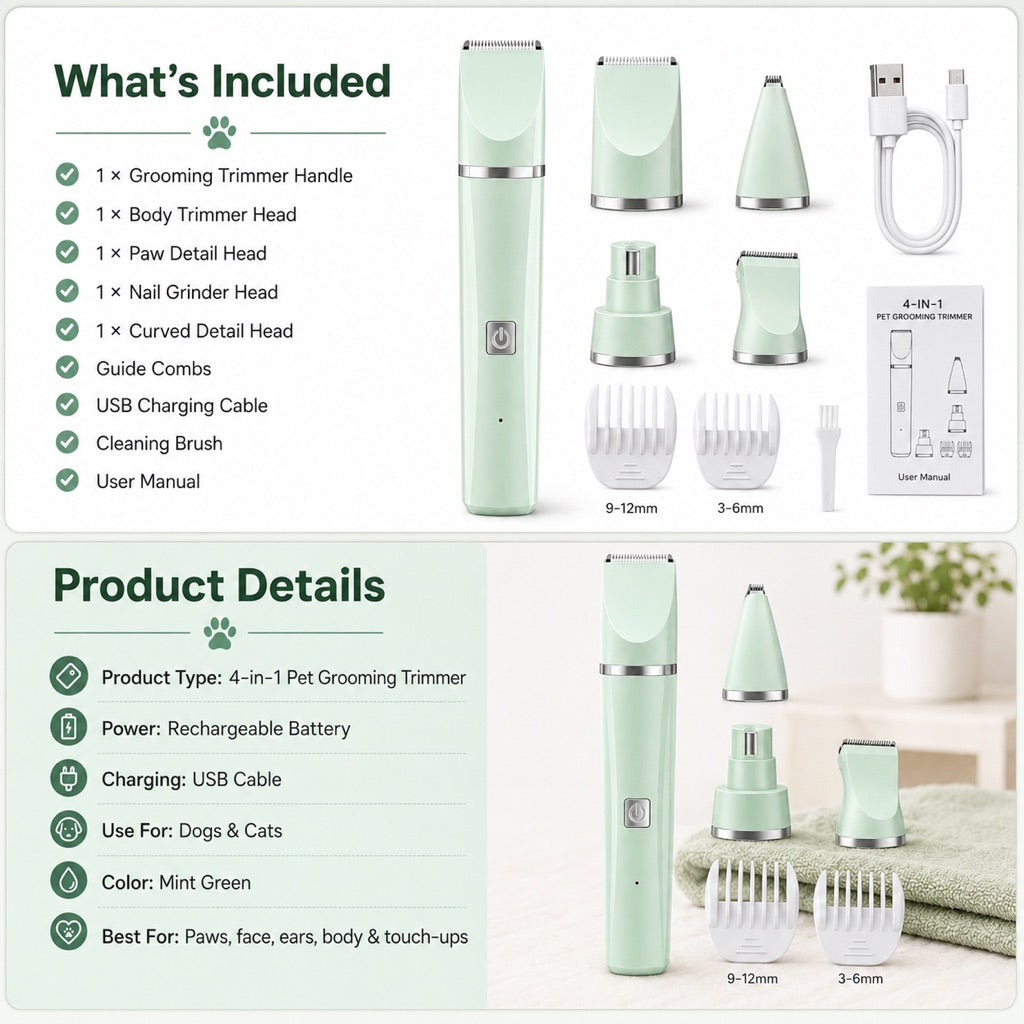 Miroken4-in-1 Cordless Pet Grooming Trimmer for Dogs & Cats - At-Home Paw, Face & Body Hair Touch-Ups for Nervous Pets