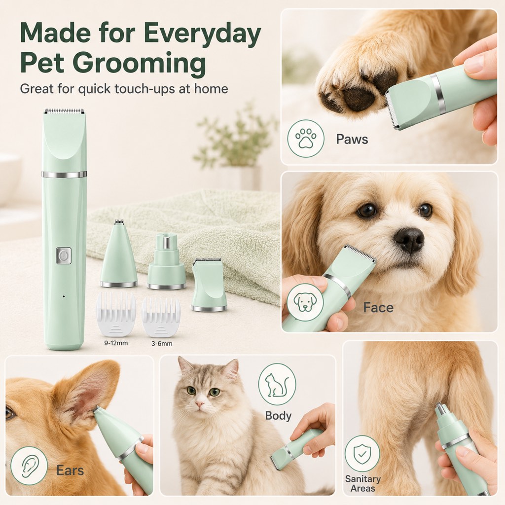 Miroken4-in-1 Cordless Pet Grooming Trimmer for Dogs & Cats - At-Home Paw, Face & Body Hair Touch-Ups for Nervous Pets