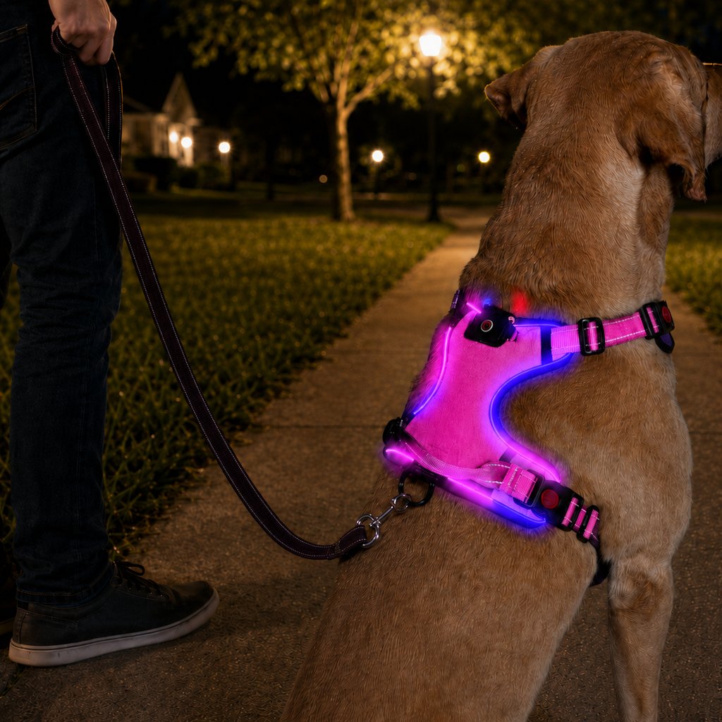 MirokenRechargeable LED Dog Harness for Night Walks - Back-Panel Glow & Reflective Webbing for Better Low-Light Visibility