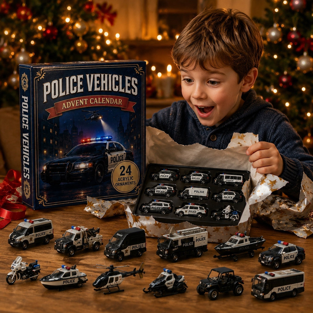 Police Vehicles Advent Calendar 2026 - 24 Acrylic Police Car Ornaments