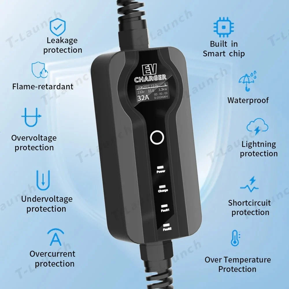 Portable Charger 16A/32A Adjustable Mode 2 Level 2 Household Waterproof EV Charger For Tesla Model S/X/3/Y