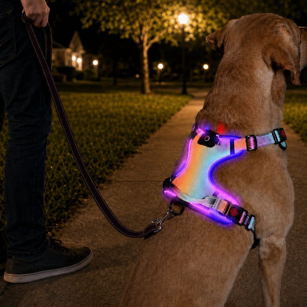 MirokenRechargeable LED Dog Harness for Night Walks - Back-Panel Glow & Reflective Webbing for Better Low-Light Visibility