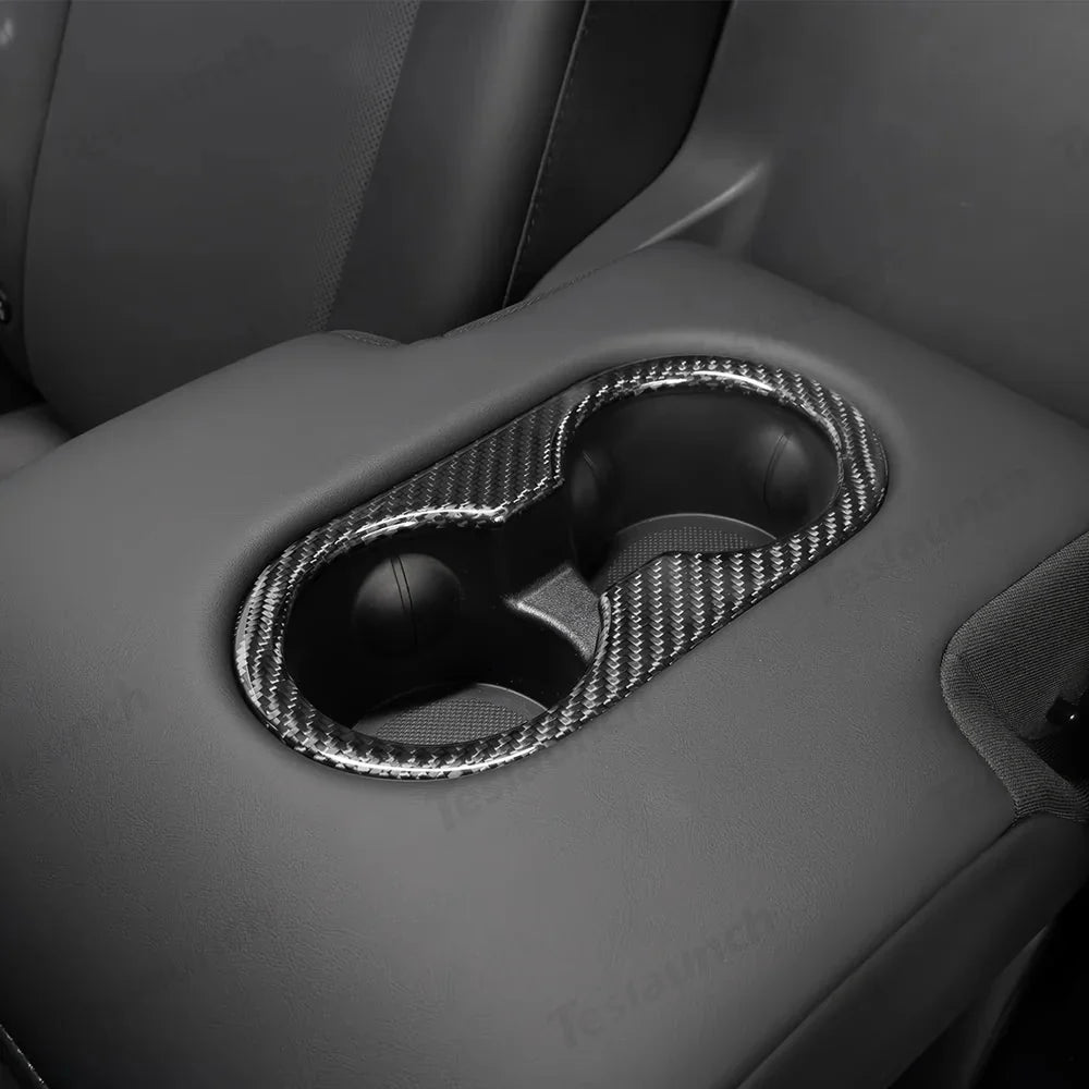 [Real Carbon Fiber] Rear Armrest Cup Holder Cover for Tesla Model Y Juniper 2025+