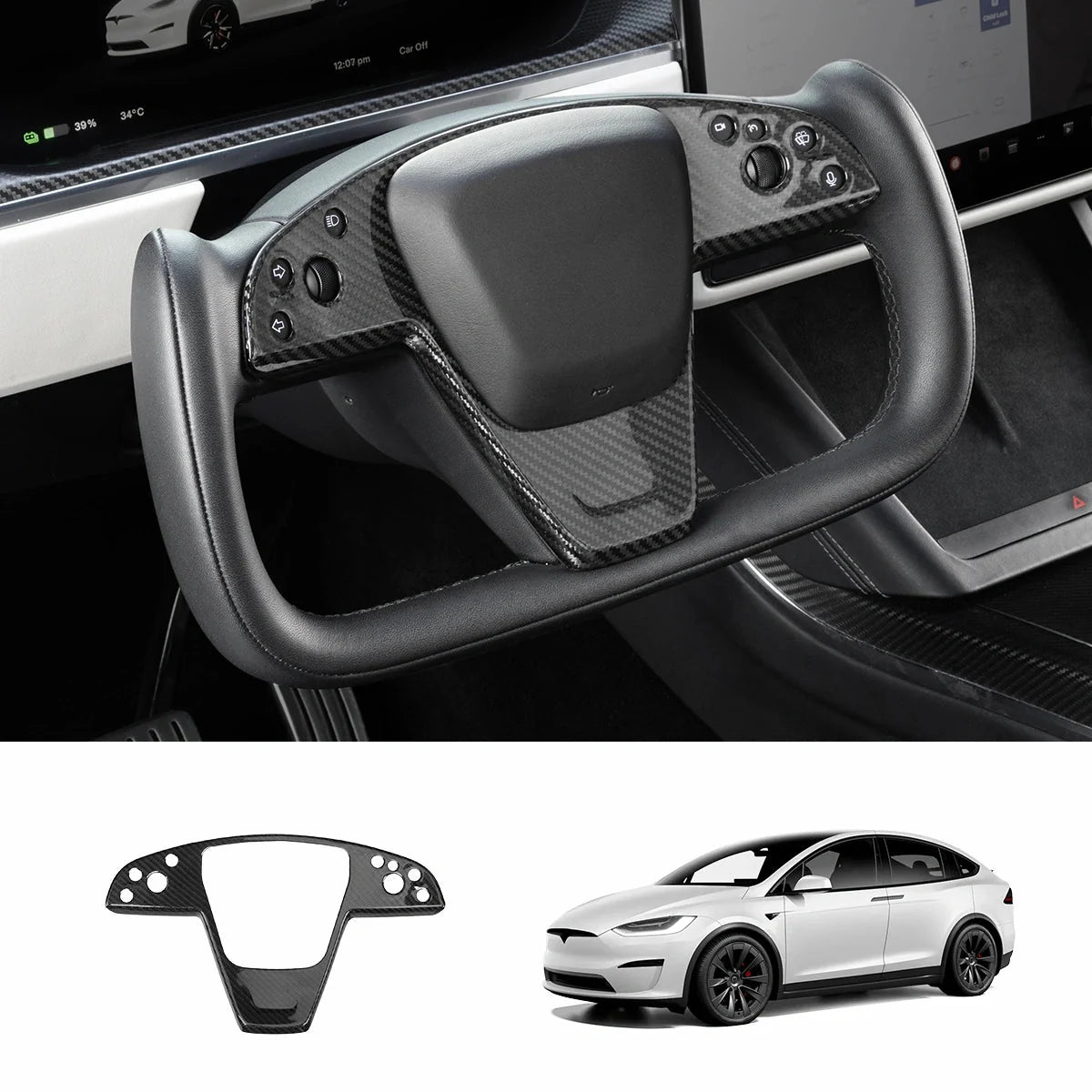[Real Carbon Fiber] Yoke Steering Wheel Cover Overlay Plate Panel For Model S/X (2021+)