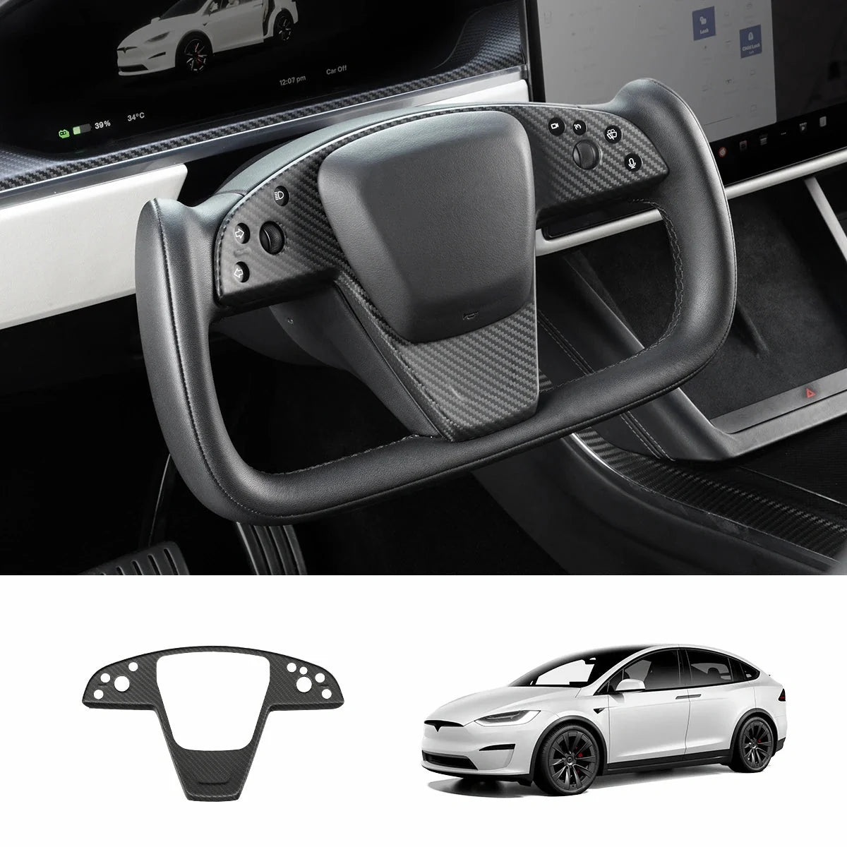 [Real Carbon Fiber] Yoke Steering Wheel Cover Overlay Plate Panel For Model S/X (2021+)