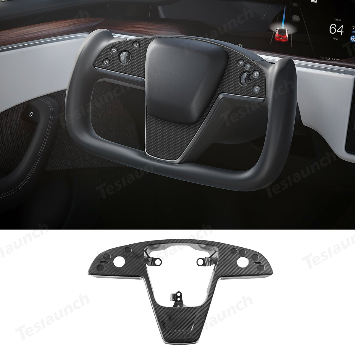[Real Carbon Fiber] Yoke Steering Wheel Cover Replacement Overlay Plate Panel For Model S/X (2021+)