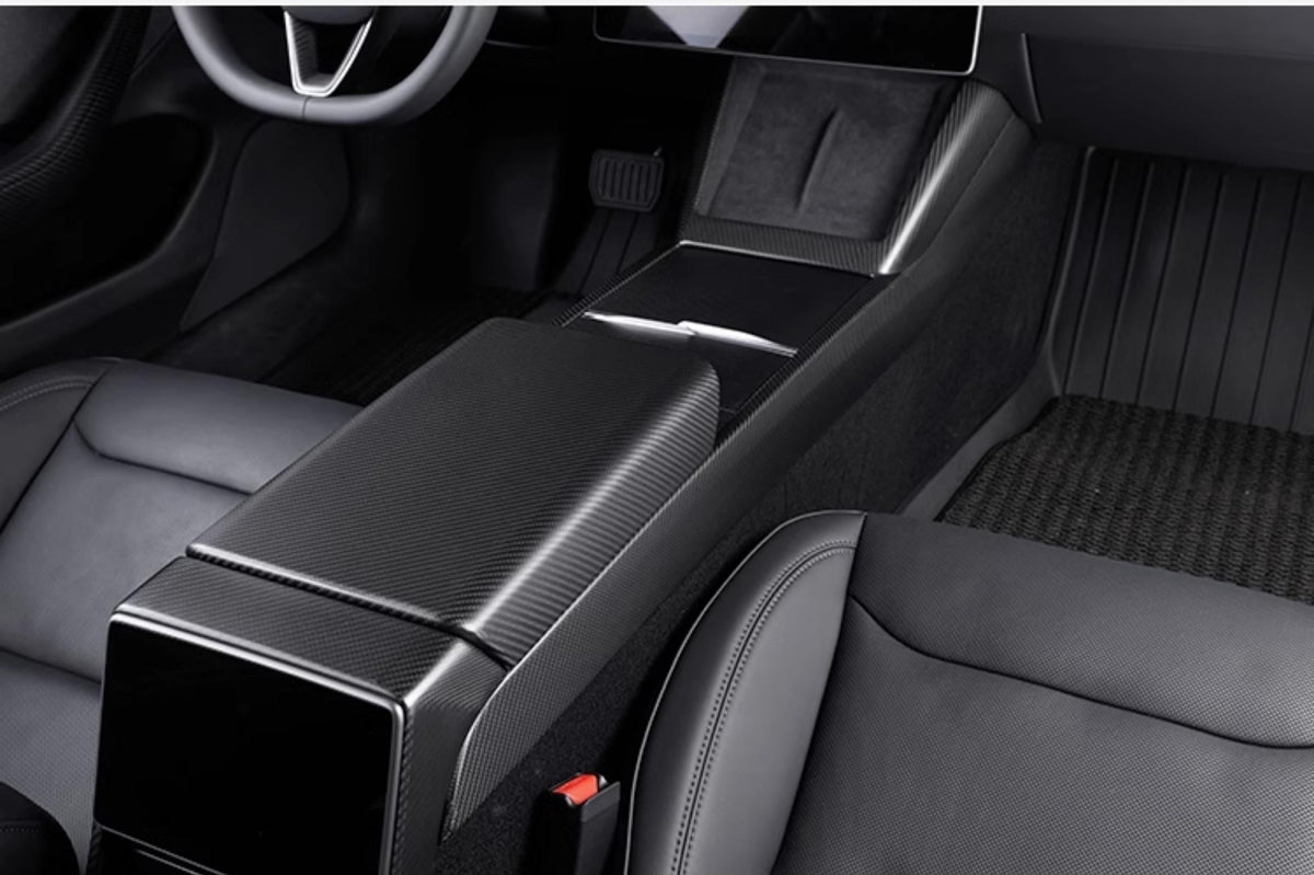 Real Dry Carbon Fiber Center Console Combo Side Panel & Charging Pad Overlay for Model 3 Highland & New Model Y