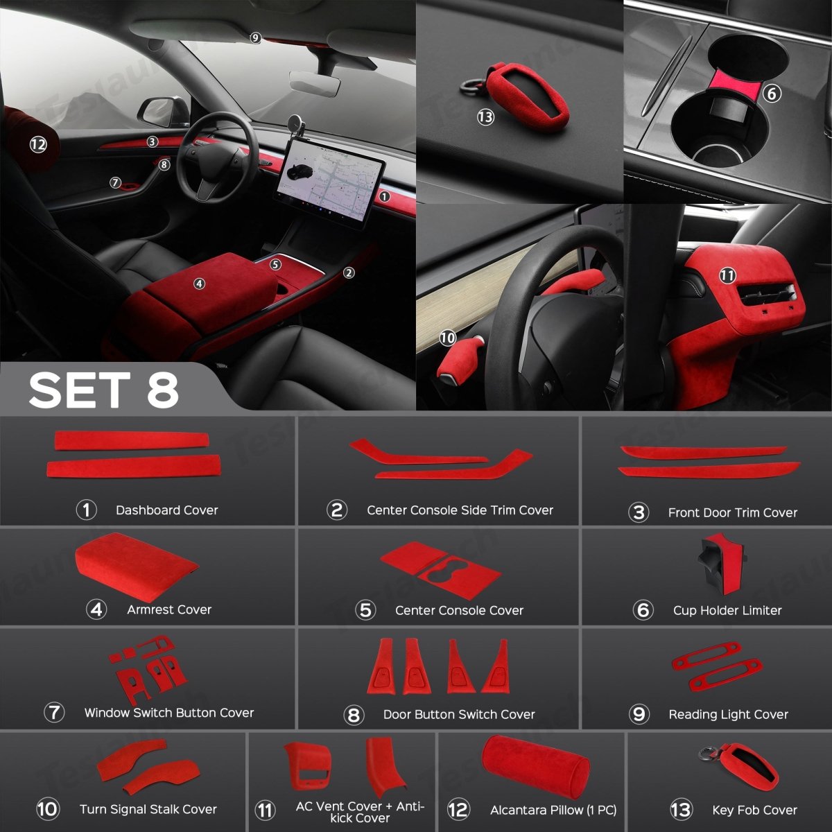 Red Alcantara Wrap Kit Interior Accessories for 2021-2023 Model 3 and Model Y