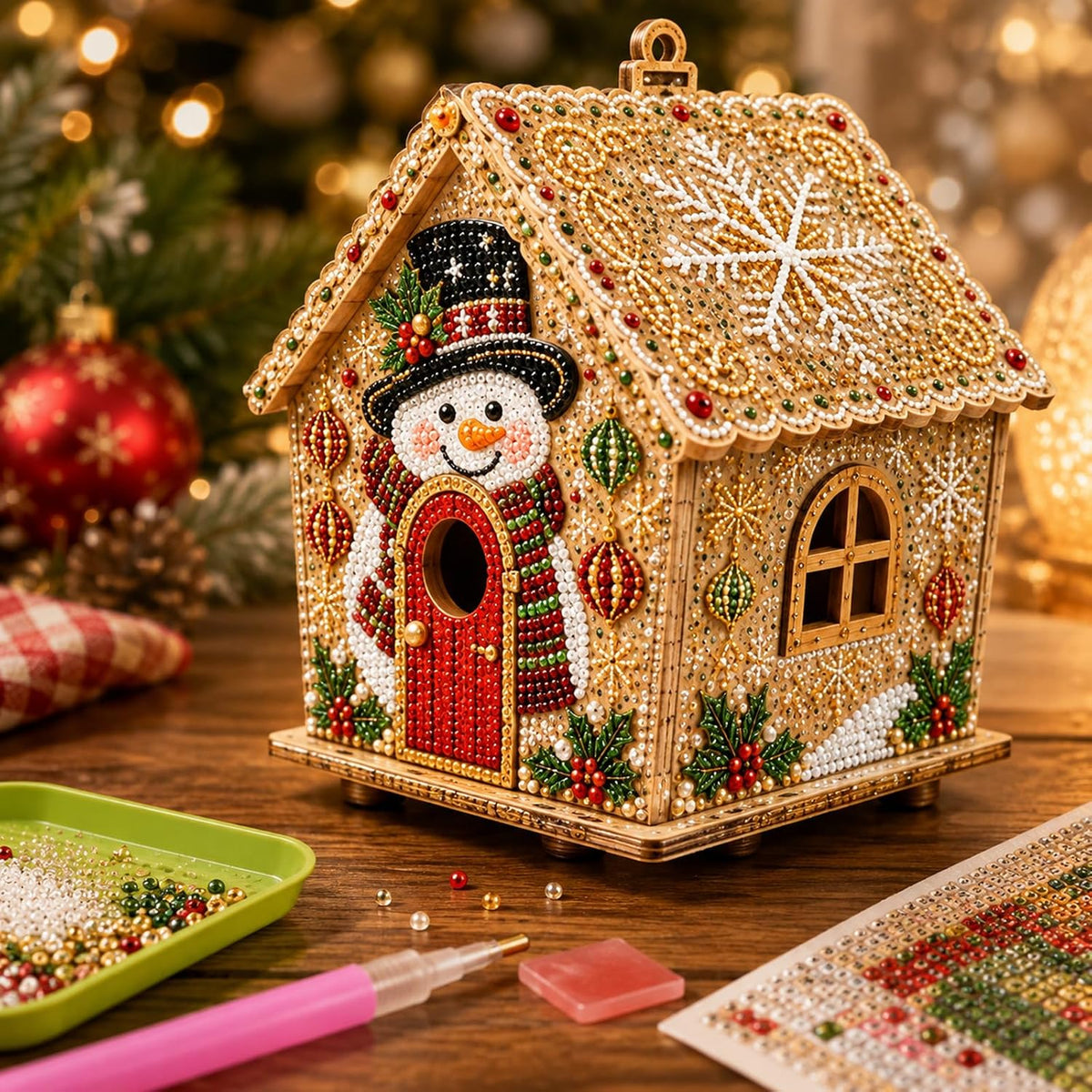 3D Christmas House Diamond Painting Kits for Adults, Light Up Wooden Pearl Art Set DIY Holiday Ornaments
