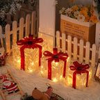 Bright gift boxes in a set of 3 – Transparent Christmas decoration with red ribbons | For indoors & outdoors