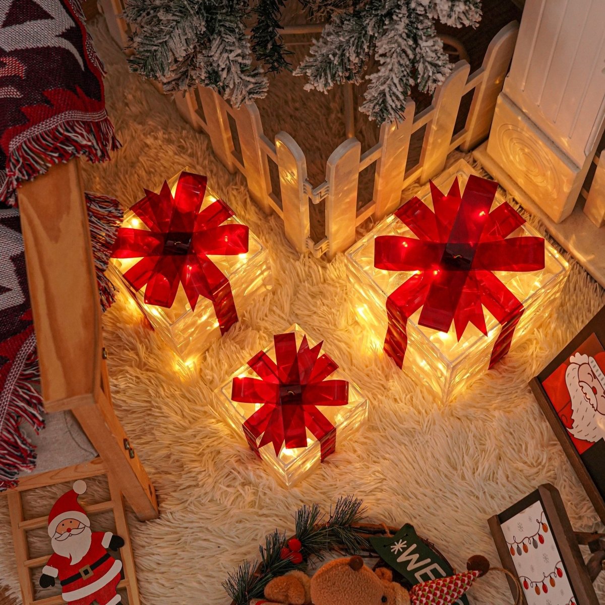 Lighted Christmas Gift Box Set of 3 with Warm White LEDs for Indoor and Outdoor Decor