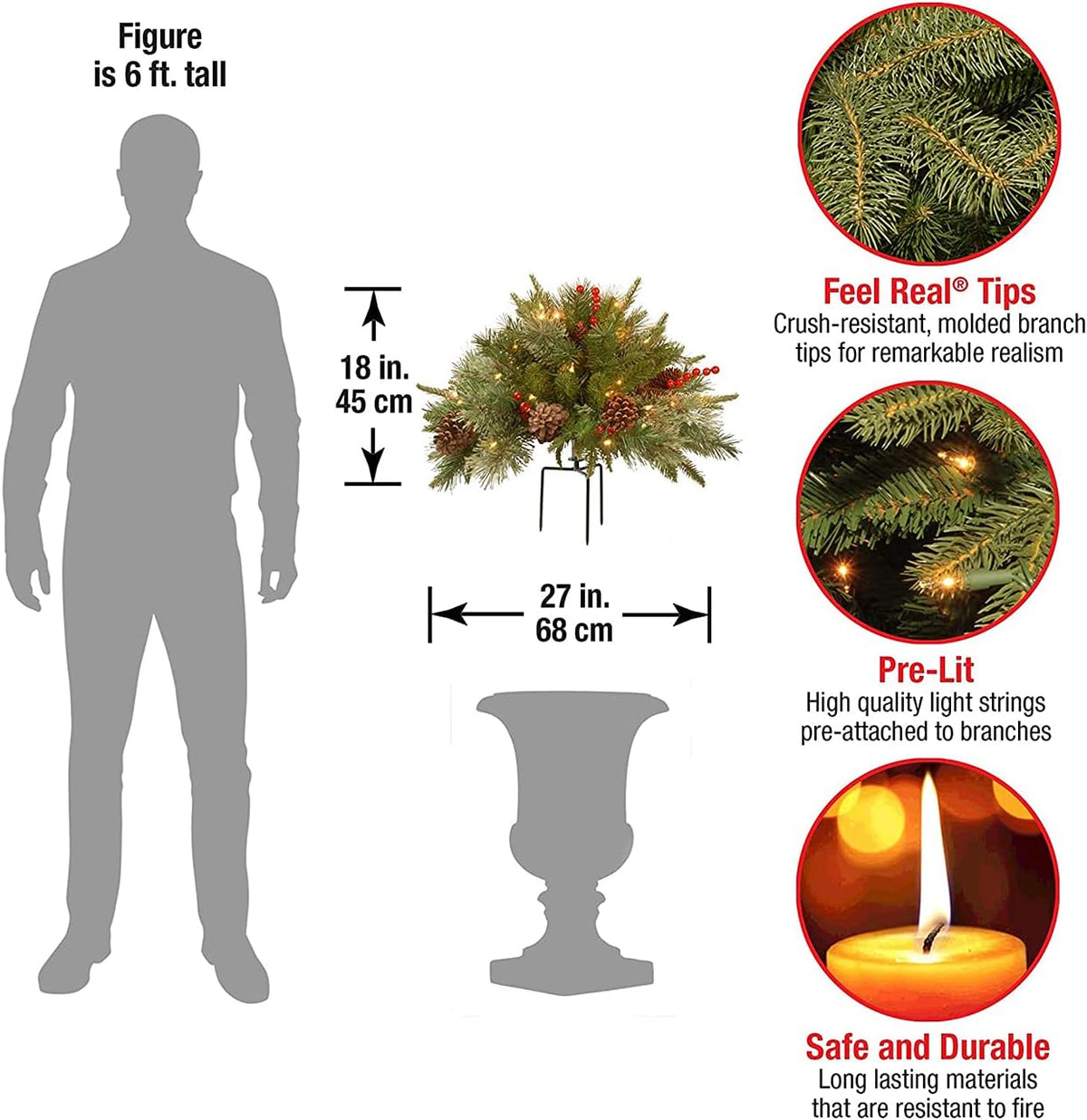 Christmas Urn Filler with LED Lights | 18" Realistic Pine Arrangement | Indoor/Outdoor Decor