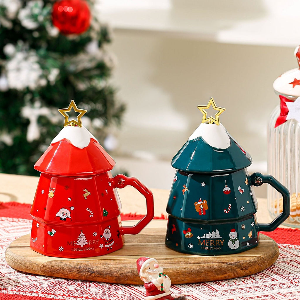 Creative Ceramic Christmas Tree Lid Spoon Mug