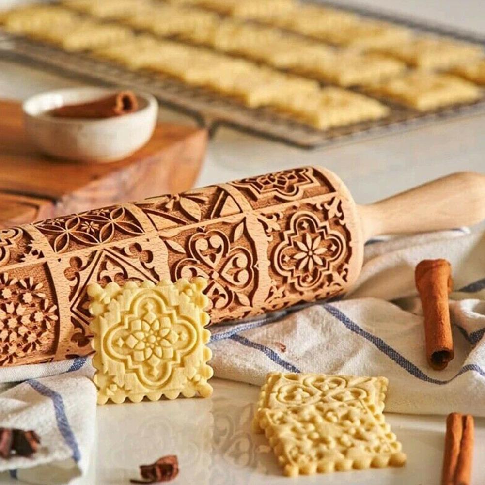 Embossed Wooden Rolling Pin | Holiday Cookie Engraver | Handcrafted Beech Wood | JollyRoller