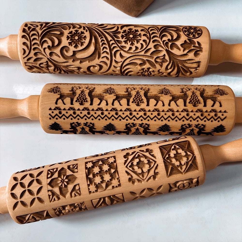 Embossed Rolling Pin Christmas Roller | Handmade from Beech Wood | Christmas Designs & Cookie Cutters