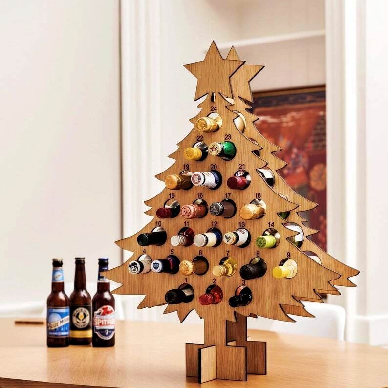 Christmas Advent Calendar Tree | Wooden Beer & Wine Holder | Reusable Birch Wood