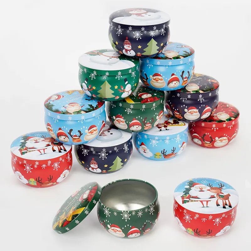 Christmas Candle Round Tin Box Set of 12– Perfect for Candy, Party Decor, or DIY Handmade Candles – Metal Container with Lid (2.2oz)