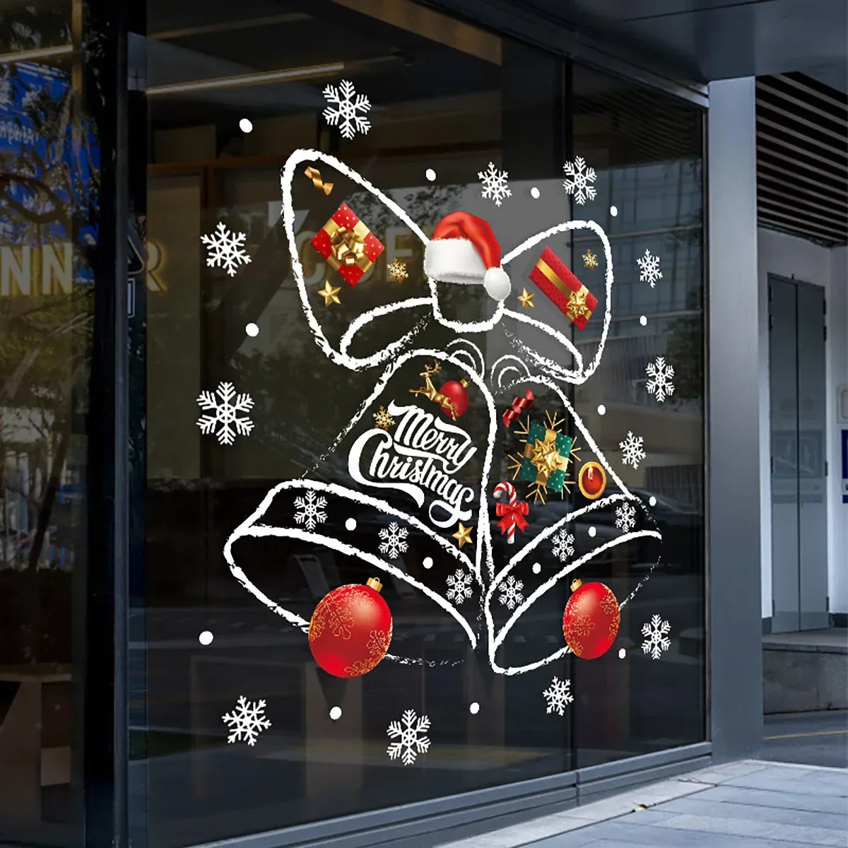 WinterBell Christmas Window Stickers – Reusable PVC Window Decoration with Festive Bell Design