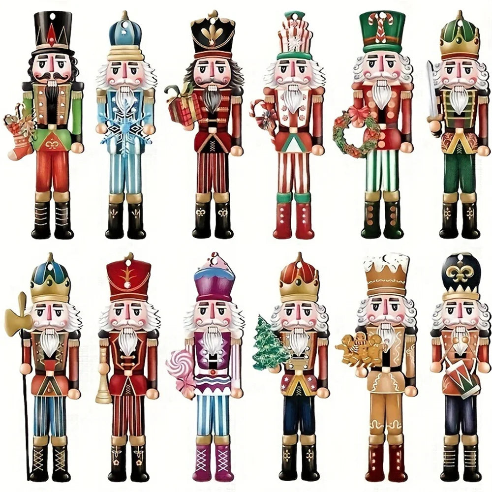 Kerst Notenkraker Ornamenten – Set van 12 Houten Decoraties voor een Feestelijke Boom