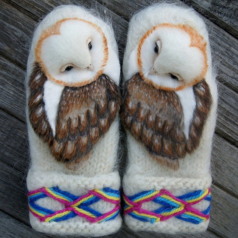 Hand Knitted Wool Nordic Mittens With Owls