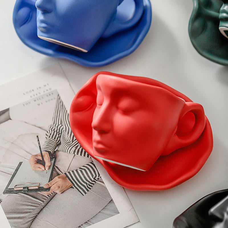 Metal Touching Face Creative Ceramic Kiss Coffee Cup, Artistic Vibe Mug & Saucer Set