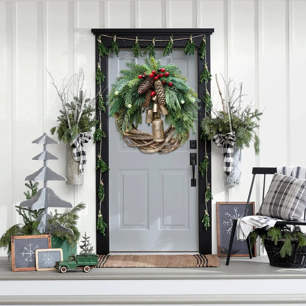 Christmas Wreath | Boho Style | Rustic Vine Base with Pinecones & Golden Bells
