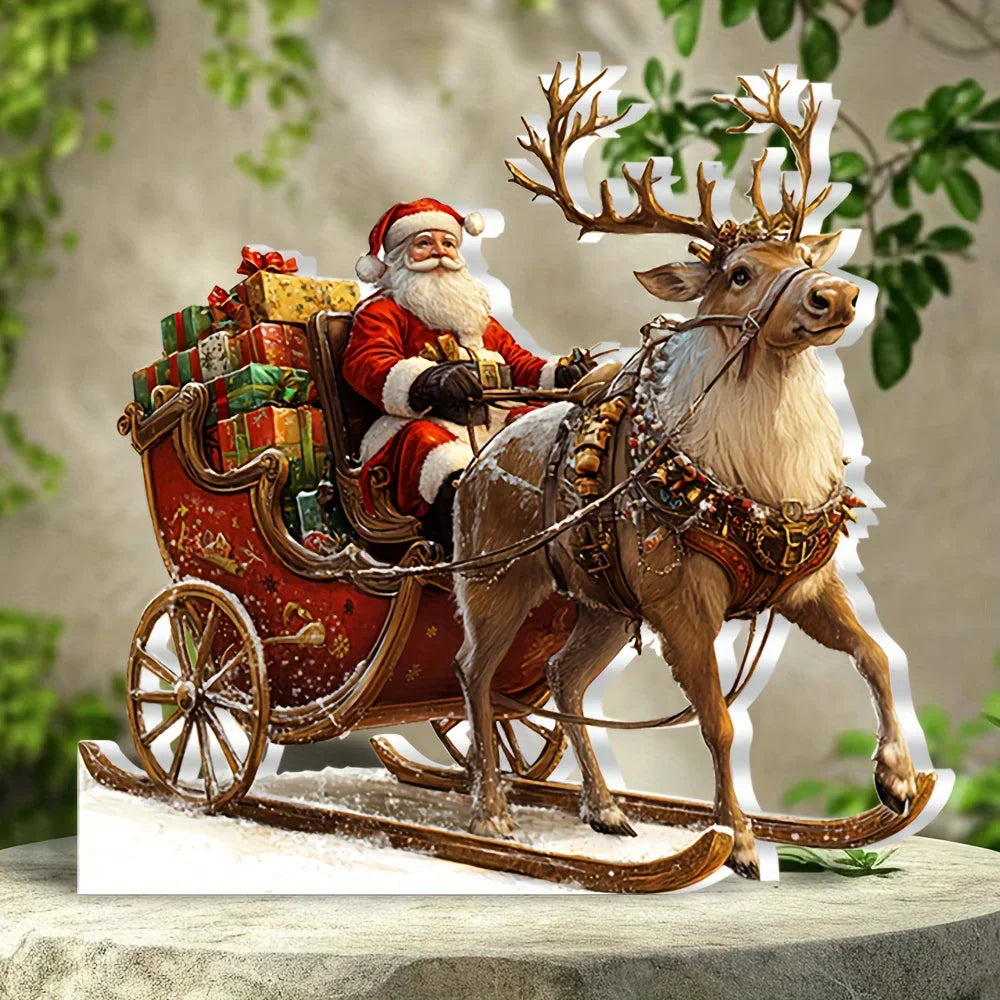 Acrylic Christmas Reindeer Sleigh Decoration with Santa Claus, 2D Design