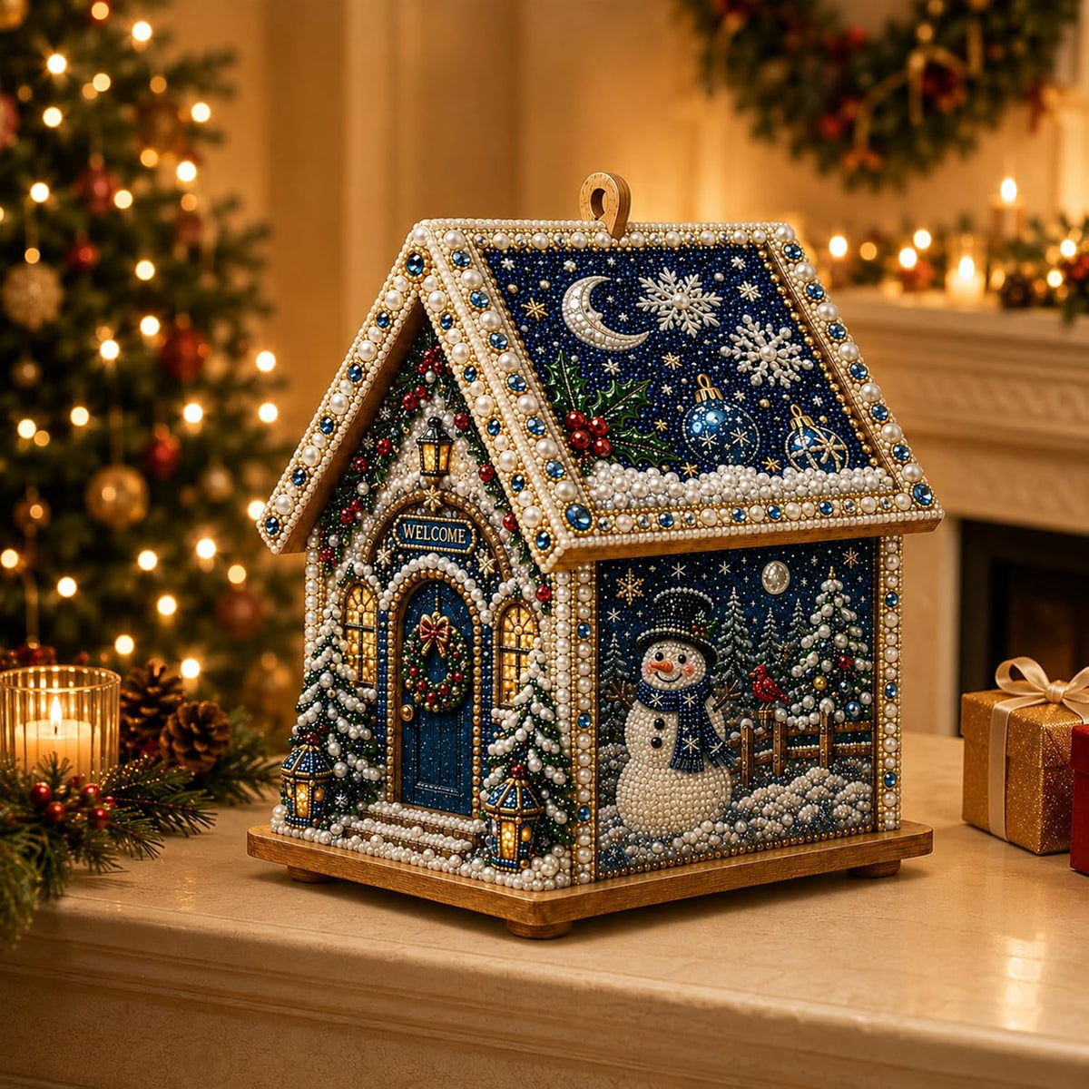 3D Christmas House Diamond Painting Kit for Adults, Wooden Pearl Art Craft