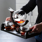 Whisky Decanter Set in Globe Shape – Lead-Free Carafe with Wooden Stand | Includes 2 Whisky Glasses