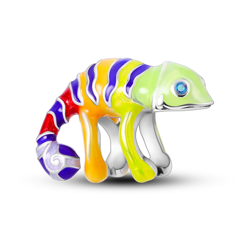925 Silver Golden Leopard Charms Beads Colorful Chameleon Rhinoceros Lion Scarab Cat Pendant Compatible with Original Pandora Bracelet Jewelry