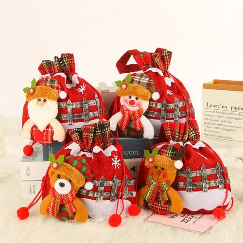 Christmas Gift Bags | Reusable Fabric with Drawstring | Santa, Snowman & Reindeer Patterns | 2 Sizes