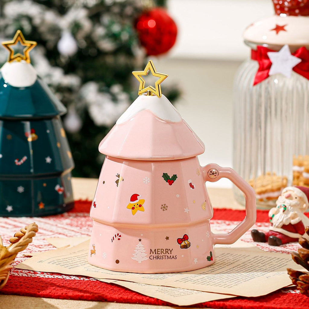 Creative Ceramic Christmas Tree Lid Spoon Mug