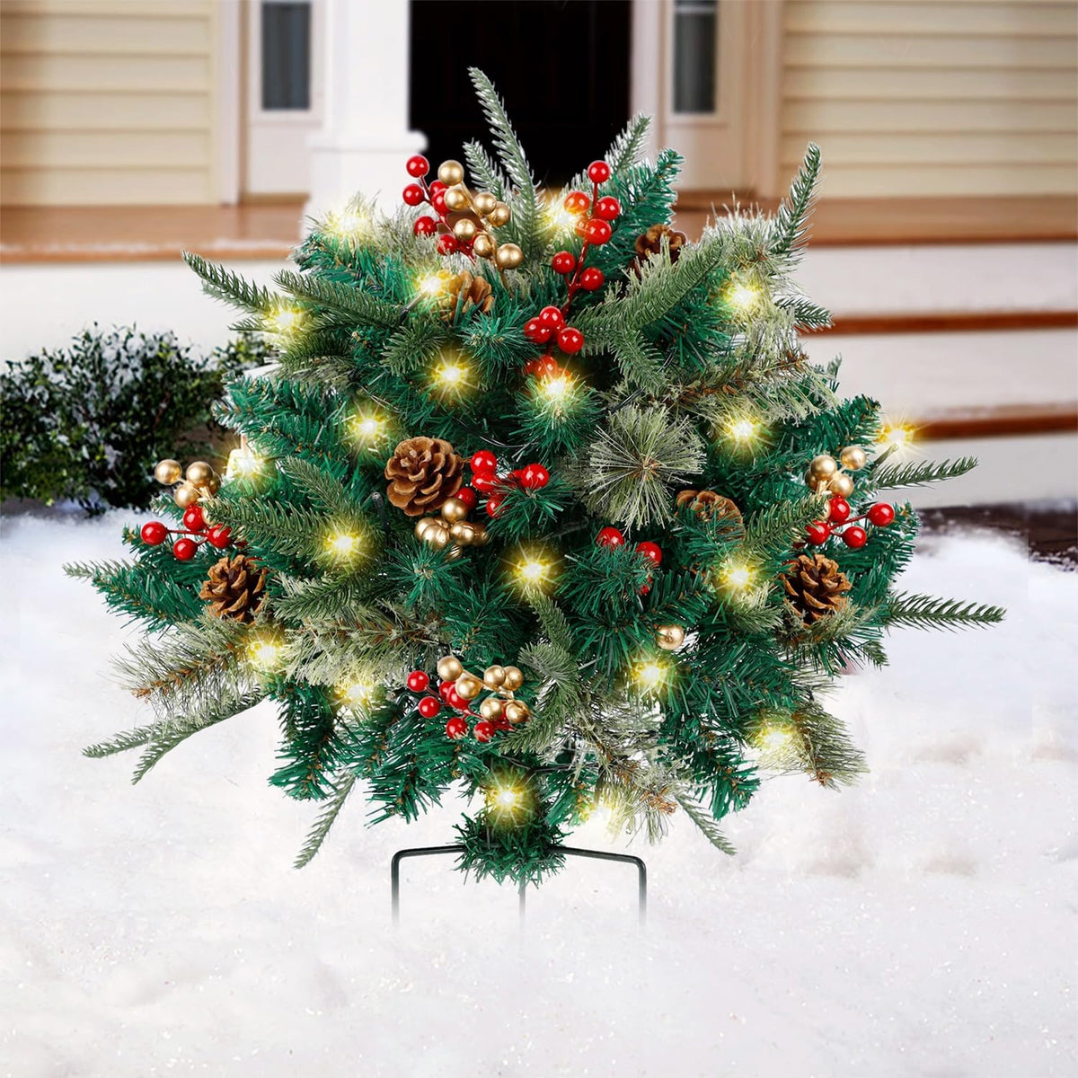Christmas urn decoration with LED lights | Realistic pine branches & berries | Indoor and outdoor