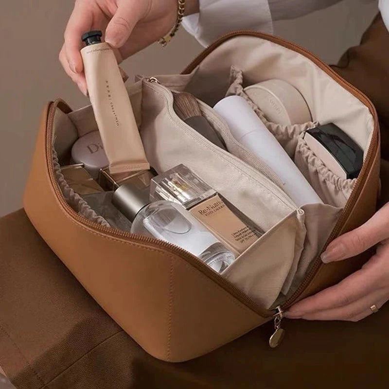 Large Travel Makeup Bag, Water-Resistant PU Leather