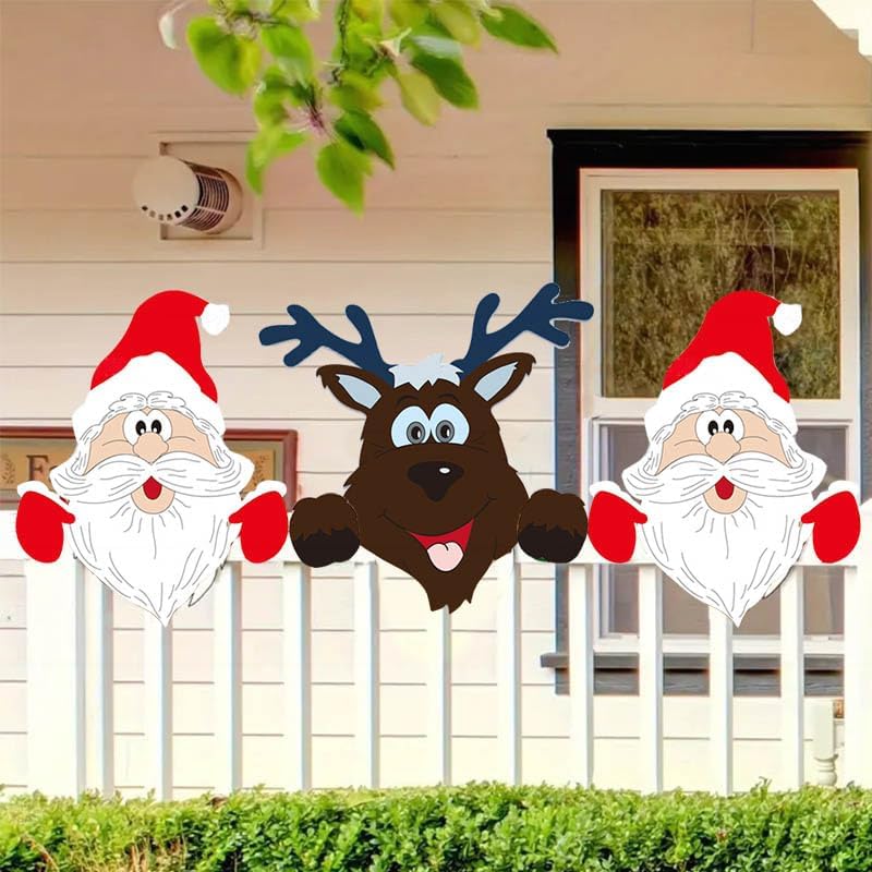 Fence Panel Christmas Decor – Adorable Santa, Snowman, and Reindeer Peekers for Whimsical Indoor and Outdoor Christmas Charm