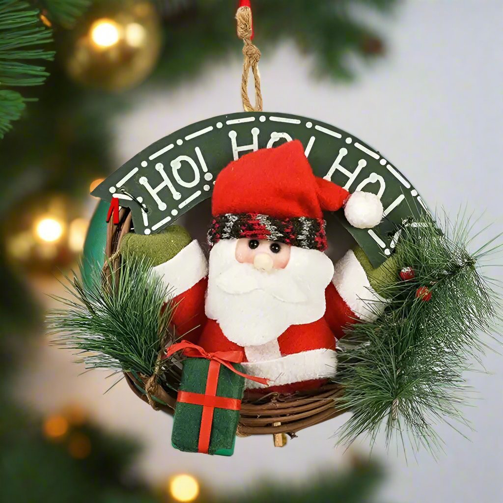 Rustic Christmas Wooden & Rattan Wreath with Santa, Snowman, and Elk Dolls – Enchanting Holiday Charm Perfect Festive Door Ornaments