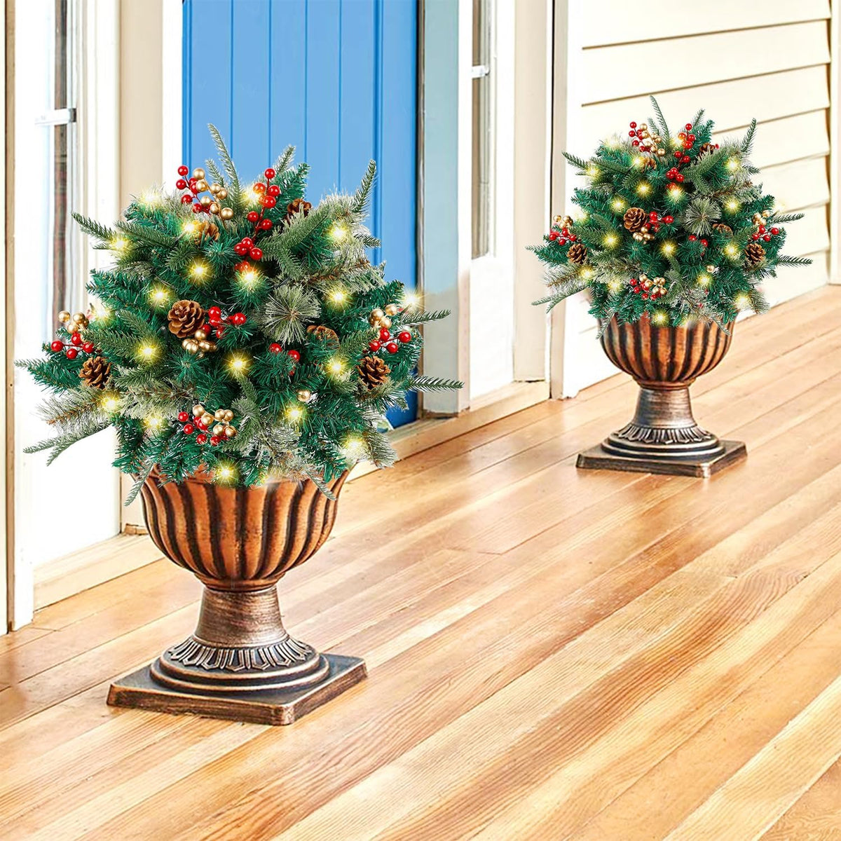 Christmas urn decoration with LED lights | Realistic pine branches & berries | Indoor and outdoor