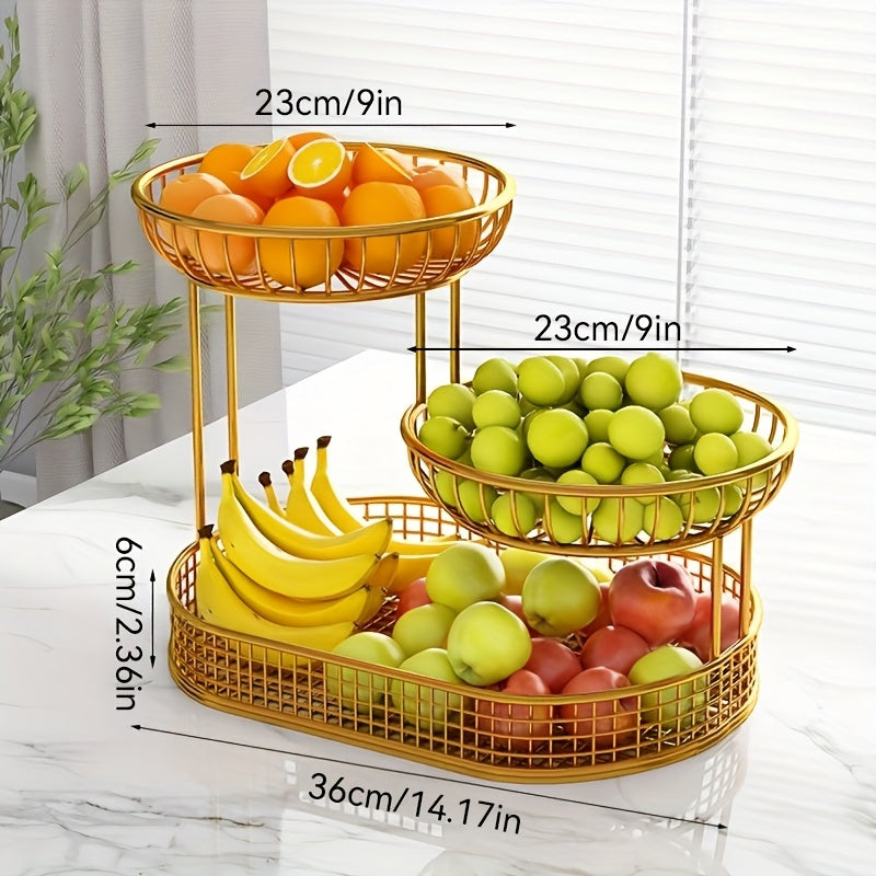Elegant Multi-Tier Metal Fruit Basket - Golden Wire Oval Design | Perfect for Snacks, Cakes & Desserts | Ideal for Easter, Thanksgiving, Christmas Outdoor Celebrations, Outdoor Dining Accessory|Multitier Design|Sturdy Structure, Fruit Decor