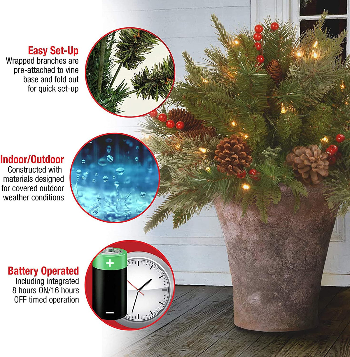 Christmas urn decoration with LED lights | Realistic pine branches & berries | Indoor and outdoor