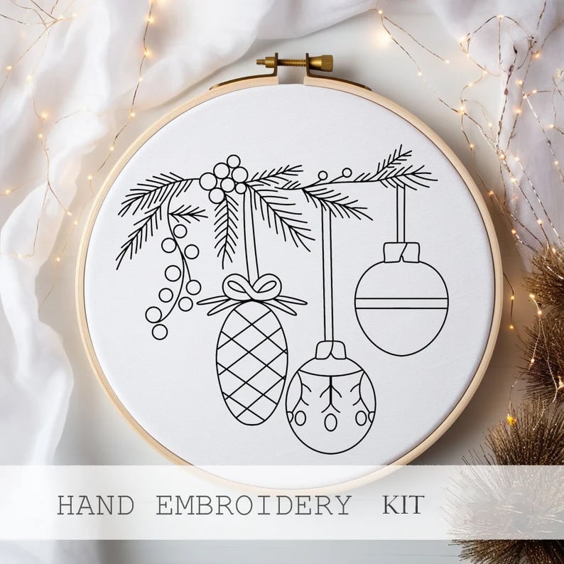 Christmas Embroidery Kit | Winter Snowy Village Pattern | Beginner Craft Set with Hoop & Threads